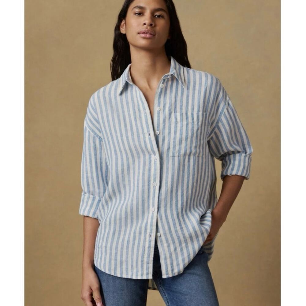 NWOT Women’s Faherty Laguna Linen Relaxed Shirt in Ocean Lucy Stripe SZ M